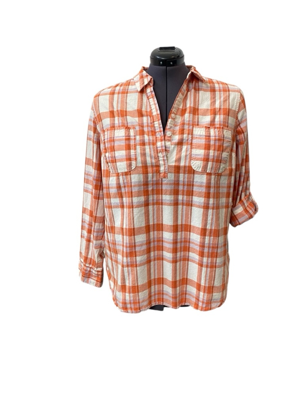 Como Vintage Women plus size 2X Orange Cream White Plaid Pop Over Button  Blouse